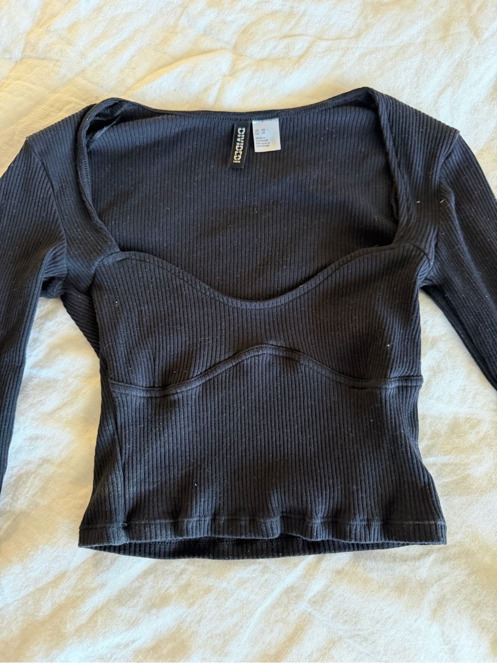 H&M - Black Ribbed Long-Sleeve Sweetheart Top